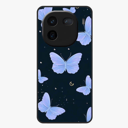 Butterfly With Stars Pattern Glass Case showing flat back view with butterfly and star pattern artwork and glossy glass finish.