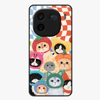 Cats in Fruits Glass Case showing flat back view with playful cat illustrations inside fruit artwork and glossy glass finish.