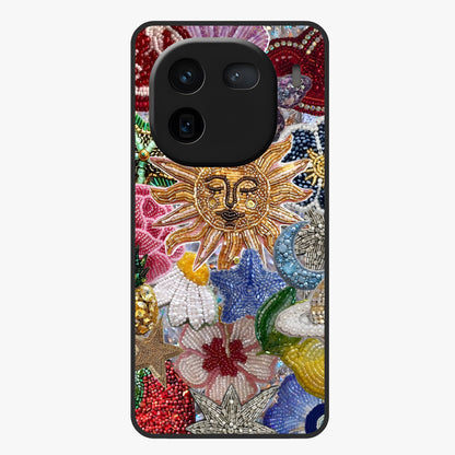 Celestial Floral and Playful Glass Case showing flat back view with floral and celestial themed artwork and glossy glass finish.