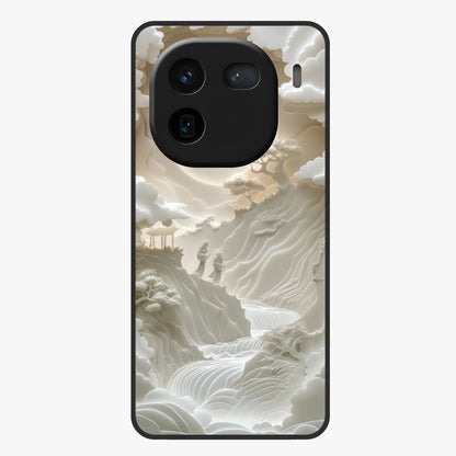 Celestial Origami Glass Case showing flat back view with artistic origami inspired celestial artwork and glossy glass finish.