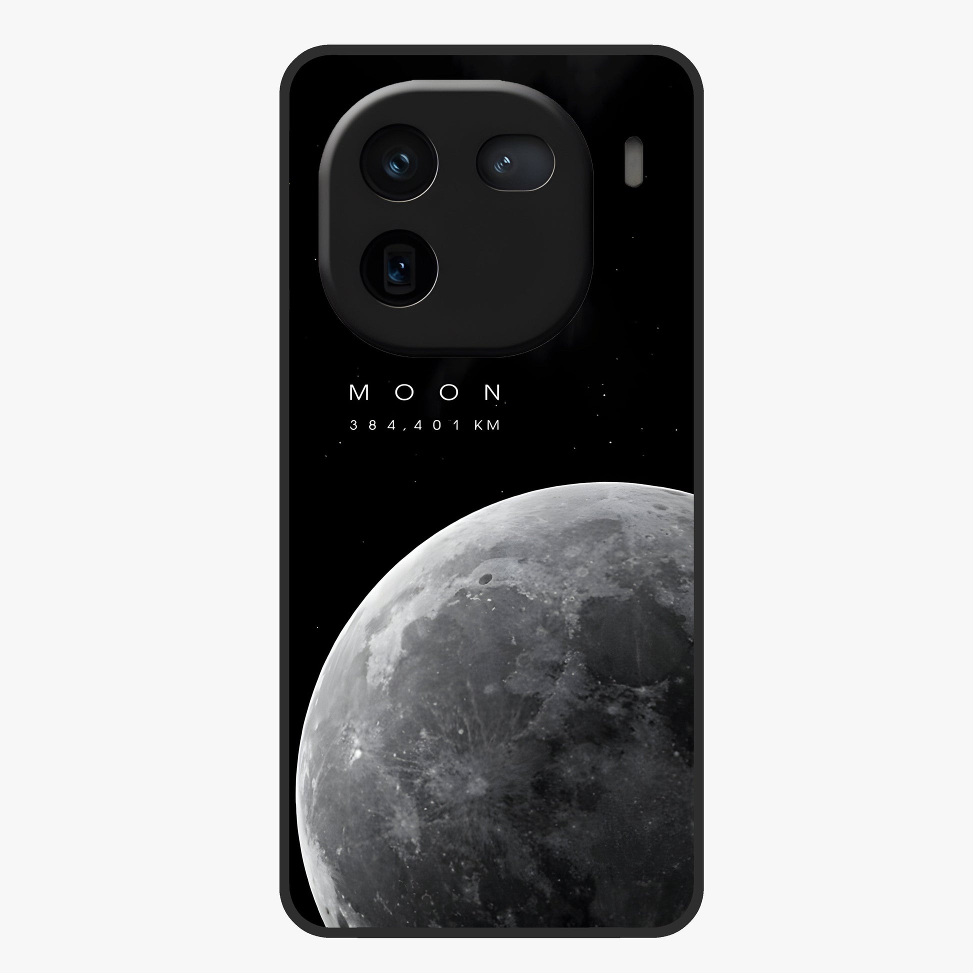 Cosmic Moon Glow Glass Case showing flat back view with glowing moon artwork and glossy glass finish.