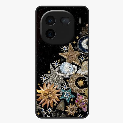 Cosmic Sparkle Dreams Glass Case showing flat back view with sparkling cosmic artwork and glossy glass finish.