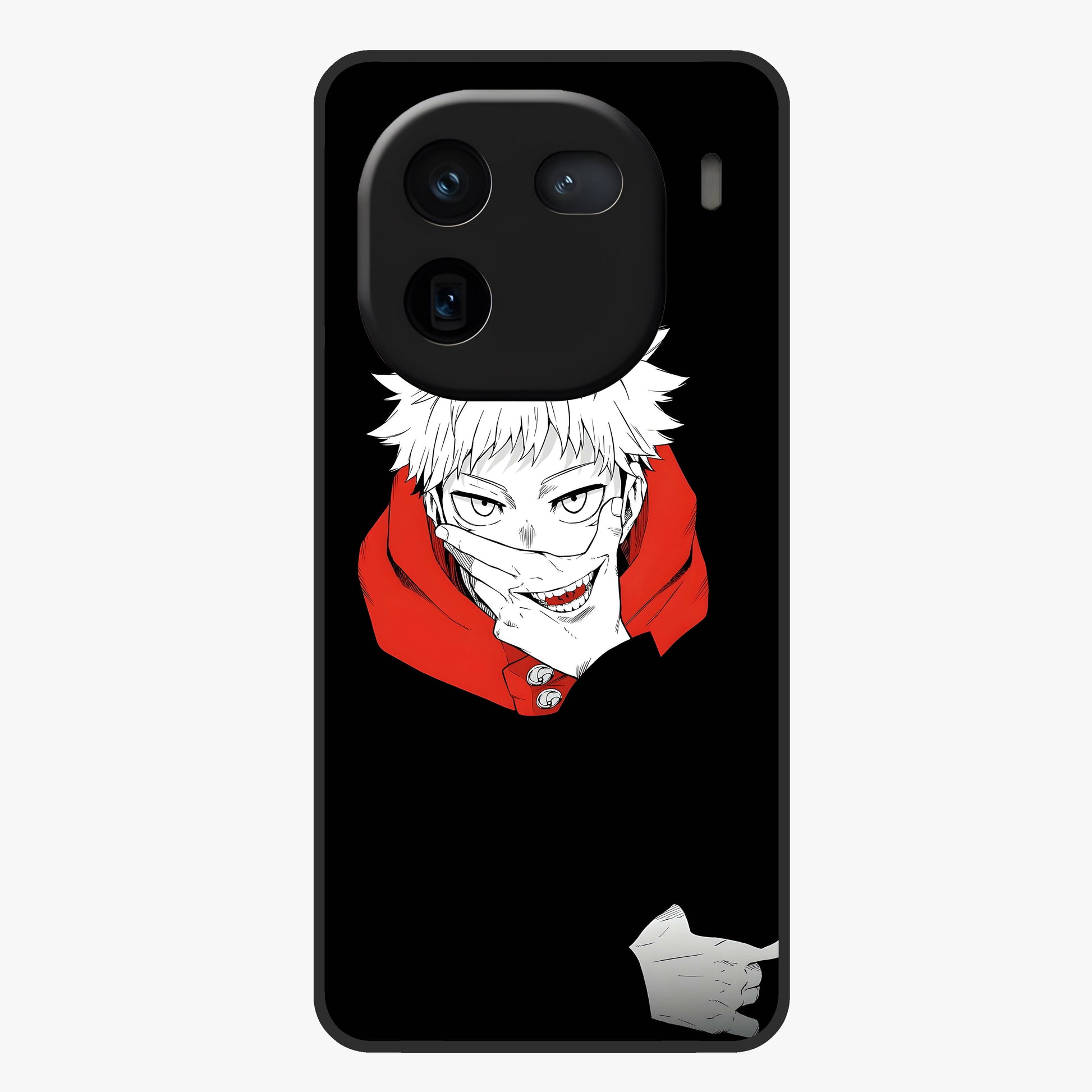 Crimson Chaos Smile Glass Case showing flat back view with bold chaotic smile artwork and glossy glass finish.