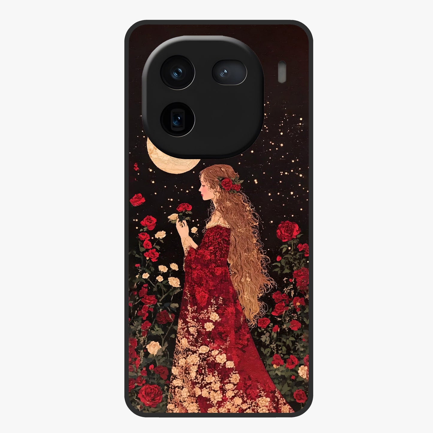 Crimson Dreams Glass Case showing flat back view with dreamy crimson artwork and glossy glass finish.