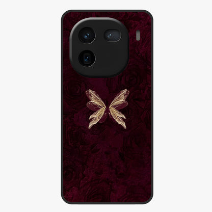 Crimson Fade Butterfly Glass Case showing flat back view with fading butterfly artwork and glossy glass finish.
