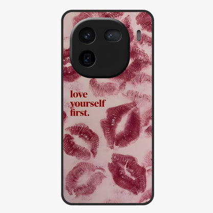 Crimson Kiss Love Glass Case showing flat back view with romantic crimson themed artwork and glossy glass finish.