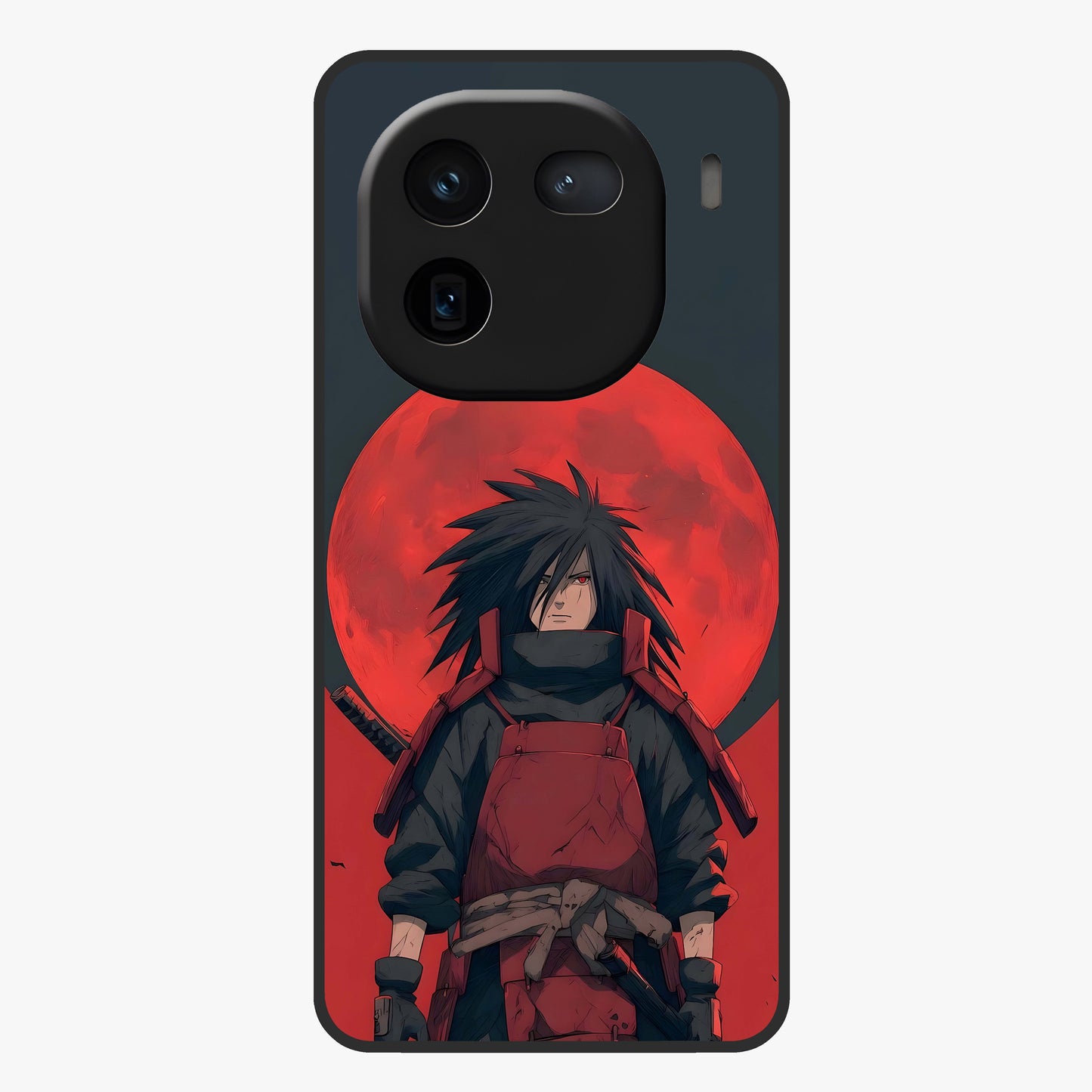 Crimson Moon Warlord Glass Case showing flat back view with mystical moon warrior artwork and glossy glass finish.