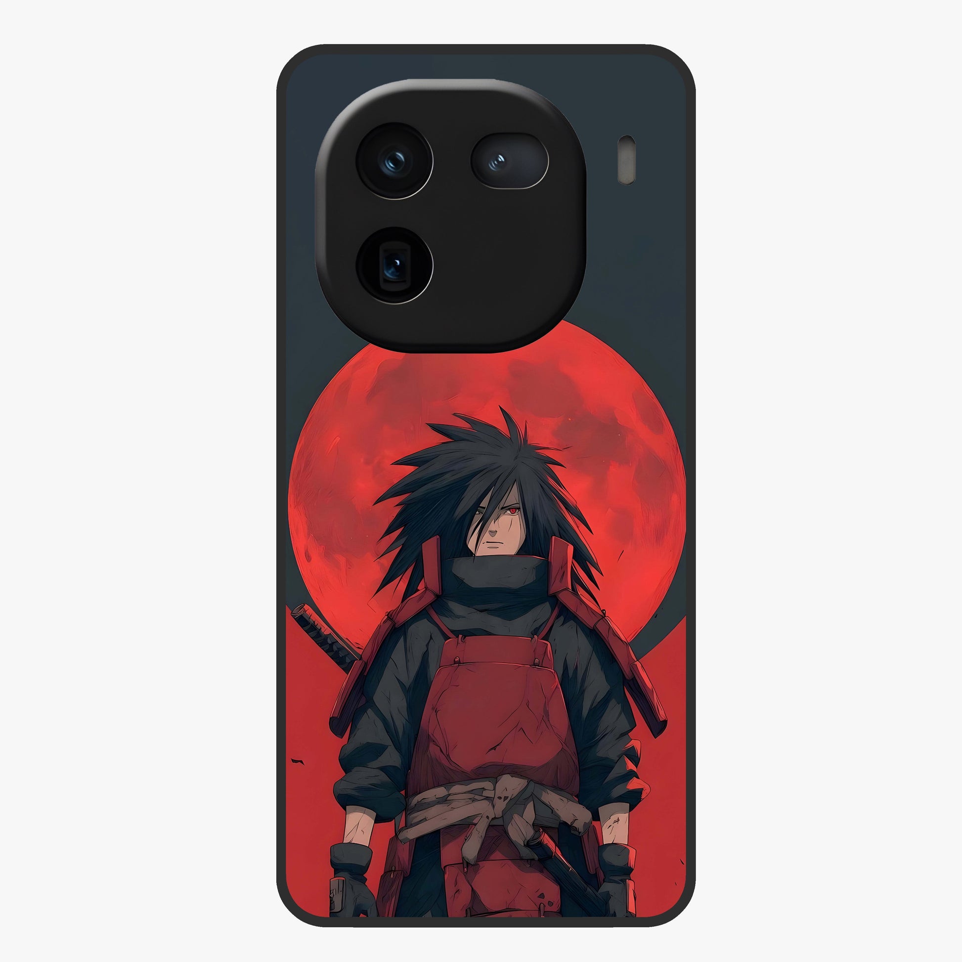 Crimson Moon Warlord Glass Case showing flat back view with mystical moon warrior artwork and glossy glass finish.