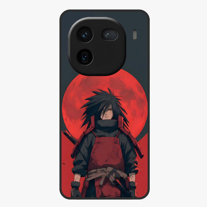 Crimson Moon Warlord Glass Case showing flat back view with mystical moon warrior artwork and glossy glass finish.