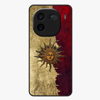 Crimson Sun Majesty Glass Case showing flat back view with radiant sun inspired artwork and glossy glass finish.