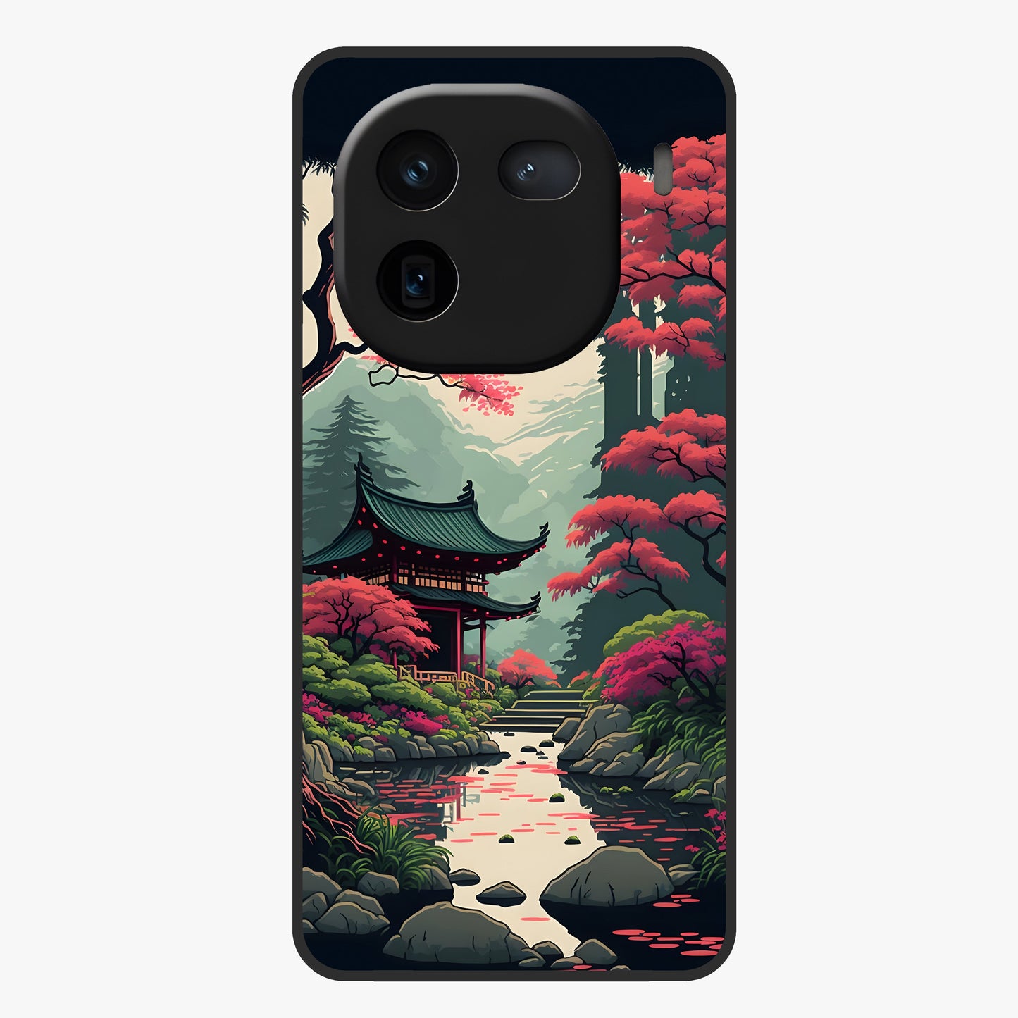 Crimson Temple View Glass Case showing flat back view with temple inspired artwork and glossy glass finish.