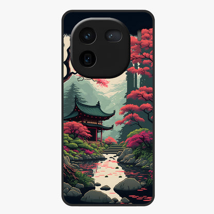 Crimson Temple View Glass Case showing flat back view with temple inspired artwork and glossy glass finish.