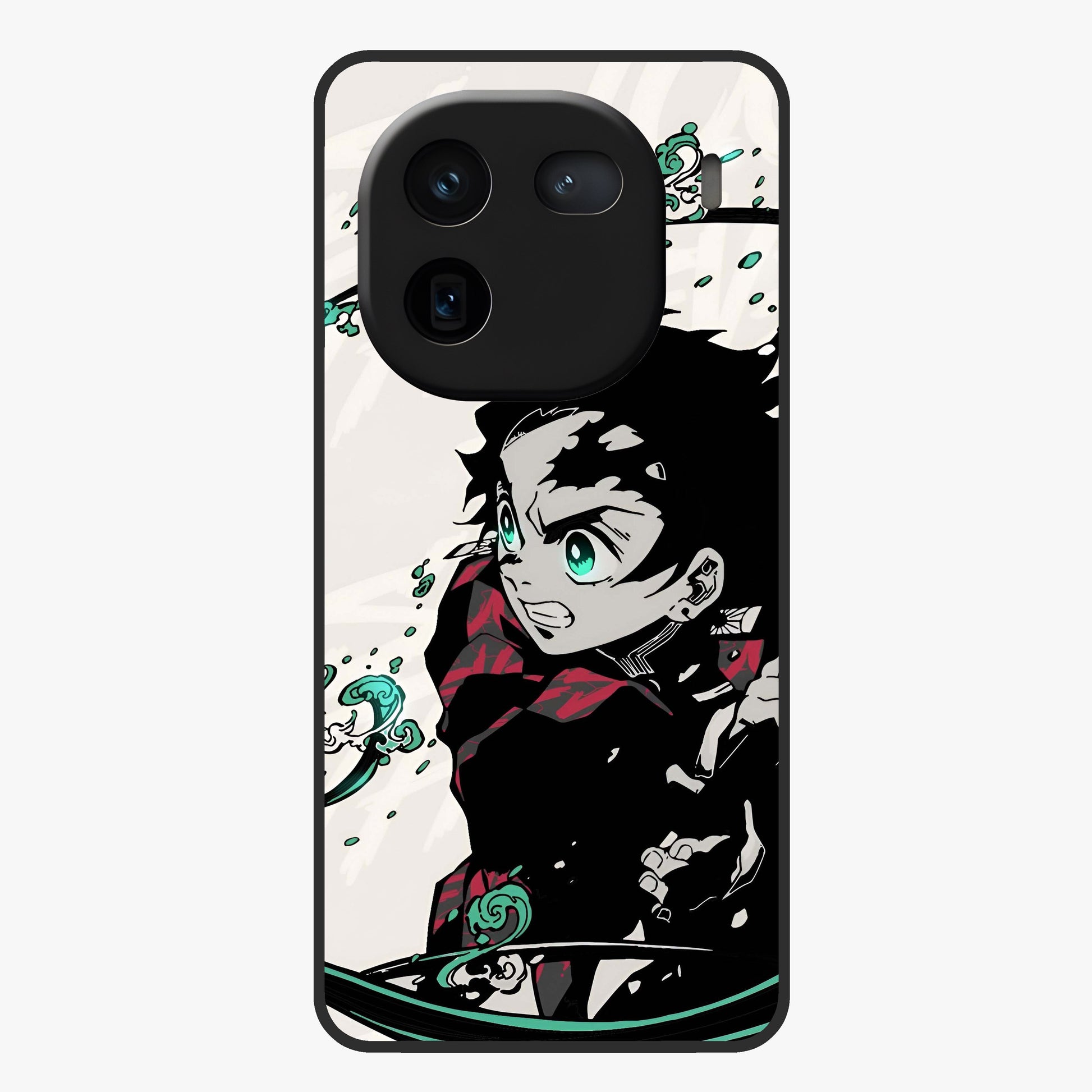 Demon Slayer Glass Case showing flat back view with bold anime inspired artwork and glossy glass finish.
