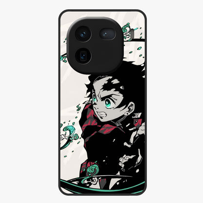 Demon Slayer Glass Case showing flat back view with bold anime inspired artwork and glossy glass finish.