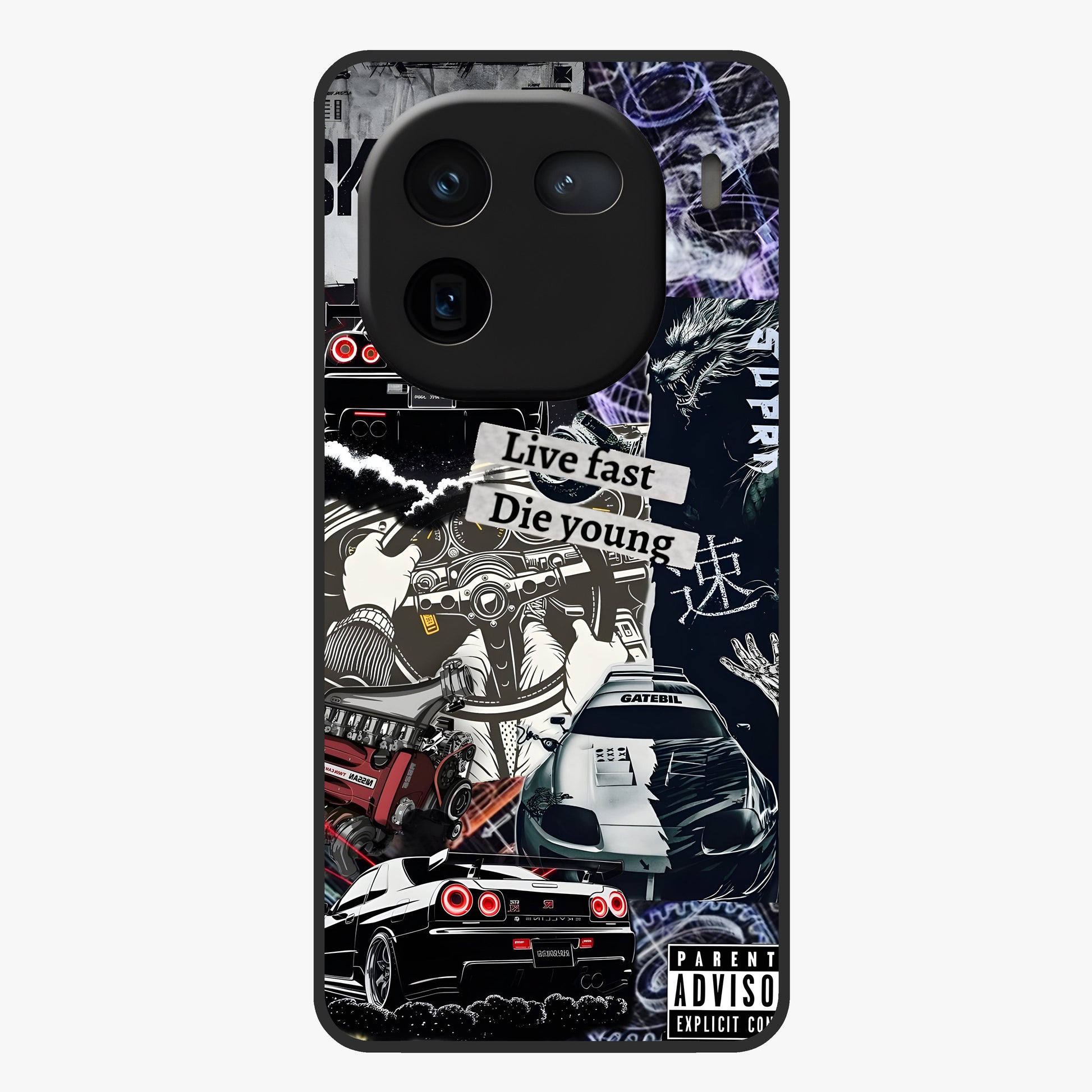 Die Young Glass Case showing flat back view with bold artistic typography design and glossy glass finish.