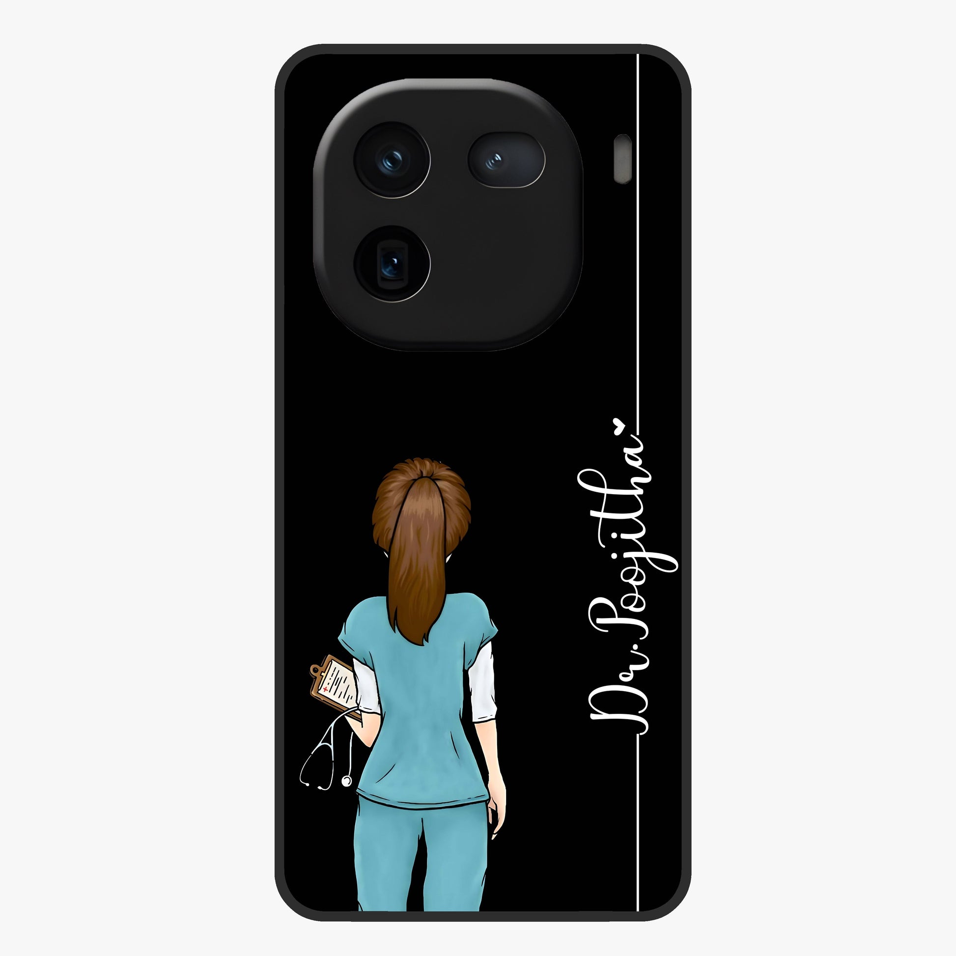 Doctor Pattern Custom Name Glass Case showing flat back view with medical themed pattern and personalized name design.