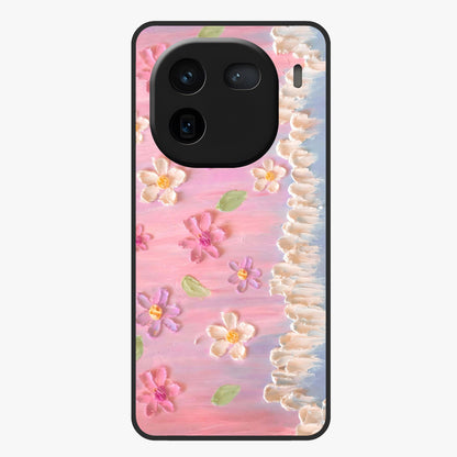 Dreamy Painted Garden Glass Case showing flat back view with artistic painted floral garden artwork and glossy glass finish.