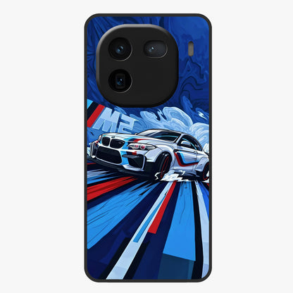 Drift Power Rush Glass Case showing flat back view with dynamic racing inspired artwork and glossy glass finish.