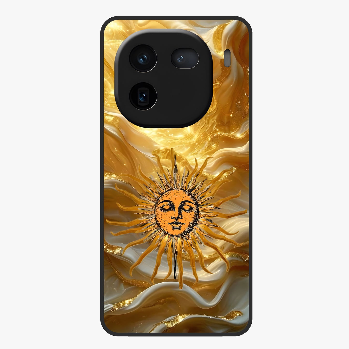 Eternal Golden Glow Glass Case showing flat back view with radiant golden themed artwork and glossy glass finish.