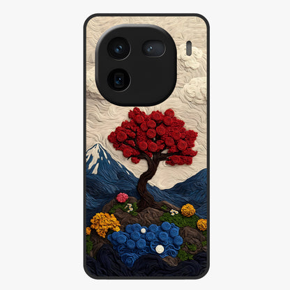 Eternal Nature Tapestry Glass Case showing flat back view with intricate nature tapestry artwork and glossy glass finish.