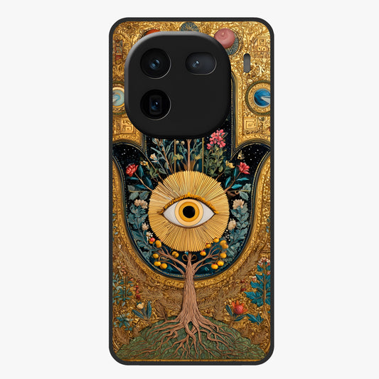 Ethereal Evil Eye Glass Case showing flat back view with mystical evil eye artwork and glossy glass finish.