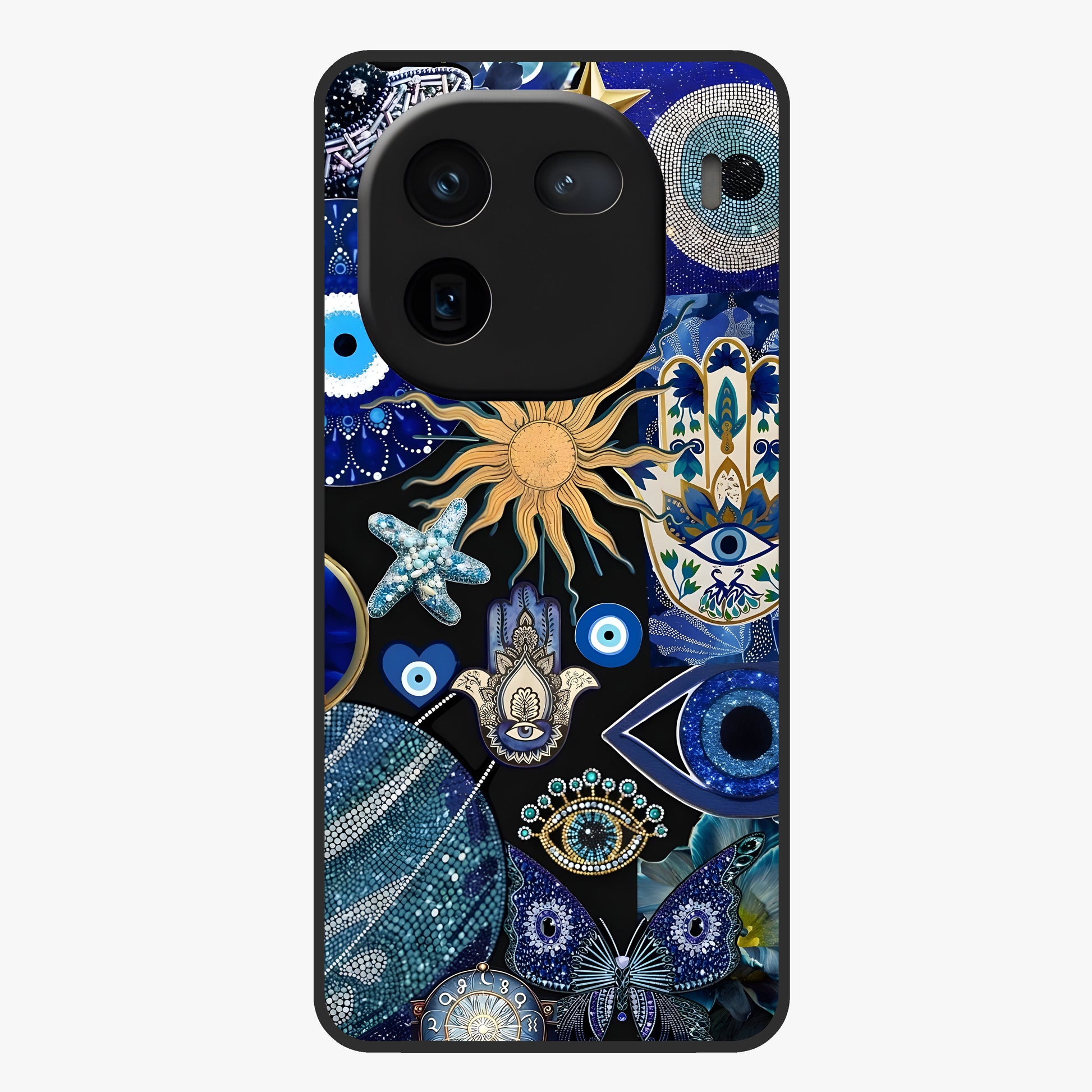 Evil Eye Charm Mix Glass Case showing flat back view with multiple evil eye charms artwork and glossy glass finish.
