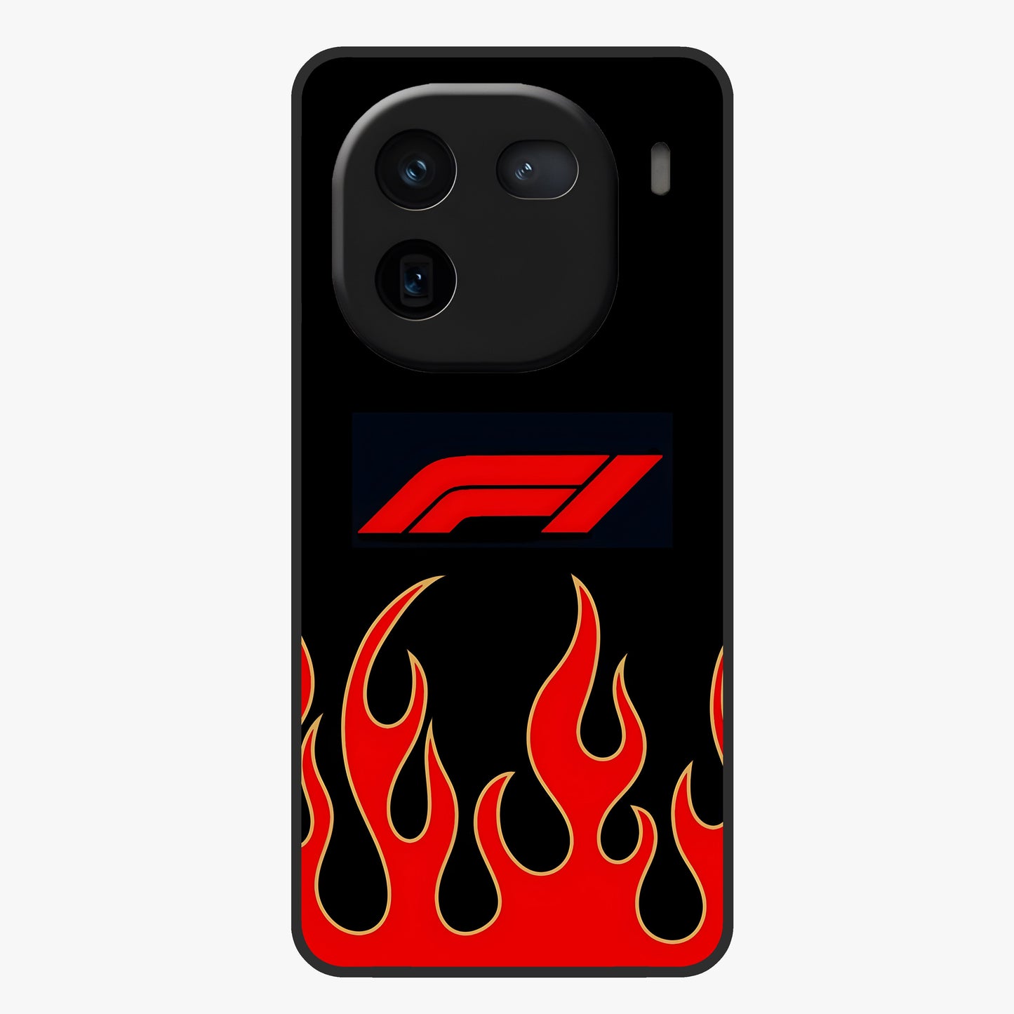 Fire F11 Glass Case showing flat back view with fiery themed artwork and glossy glass finish.
