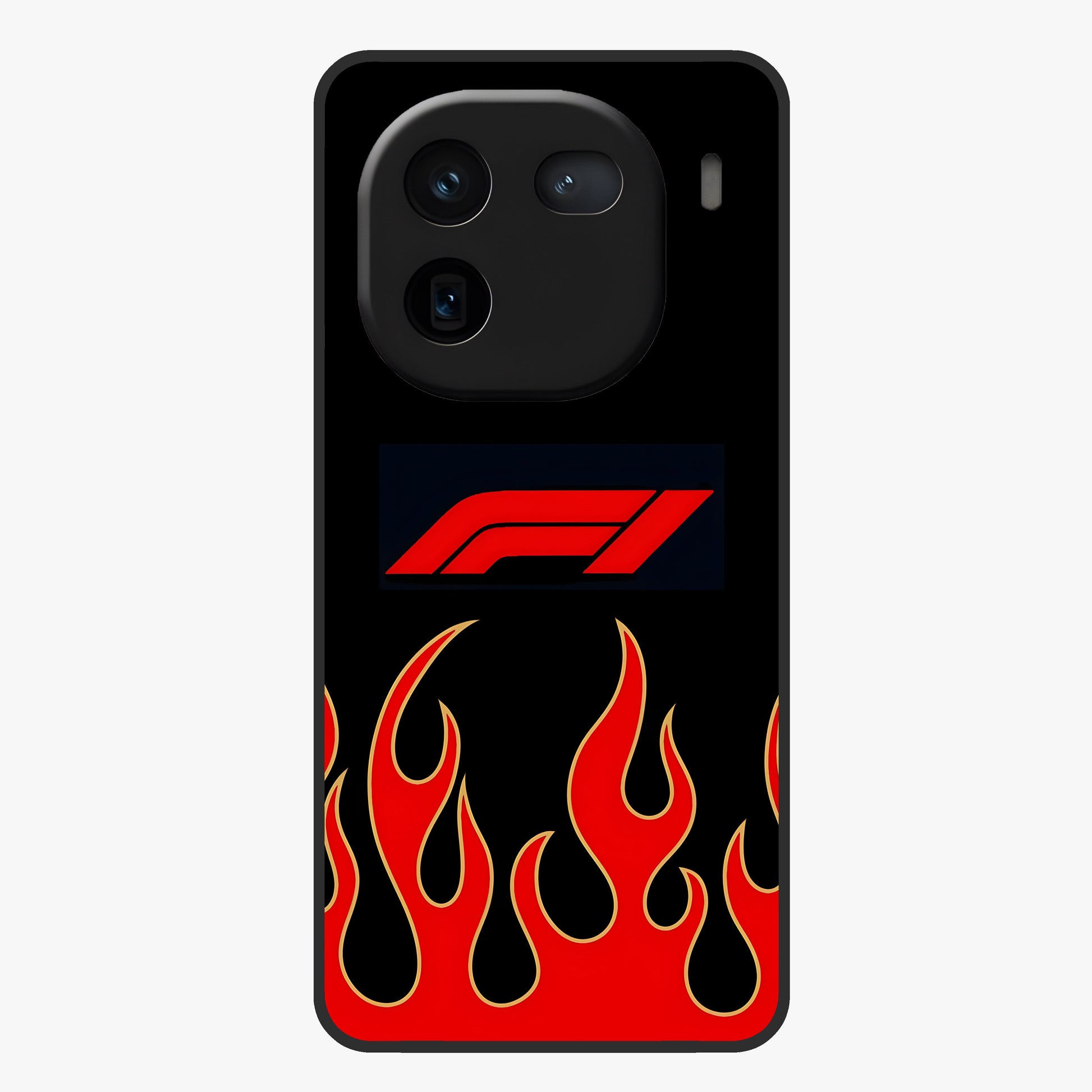 Fire F11 Glass Case showing flat back view with fiery themed artwork and glossy glass finish.