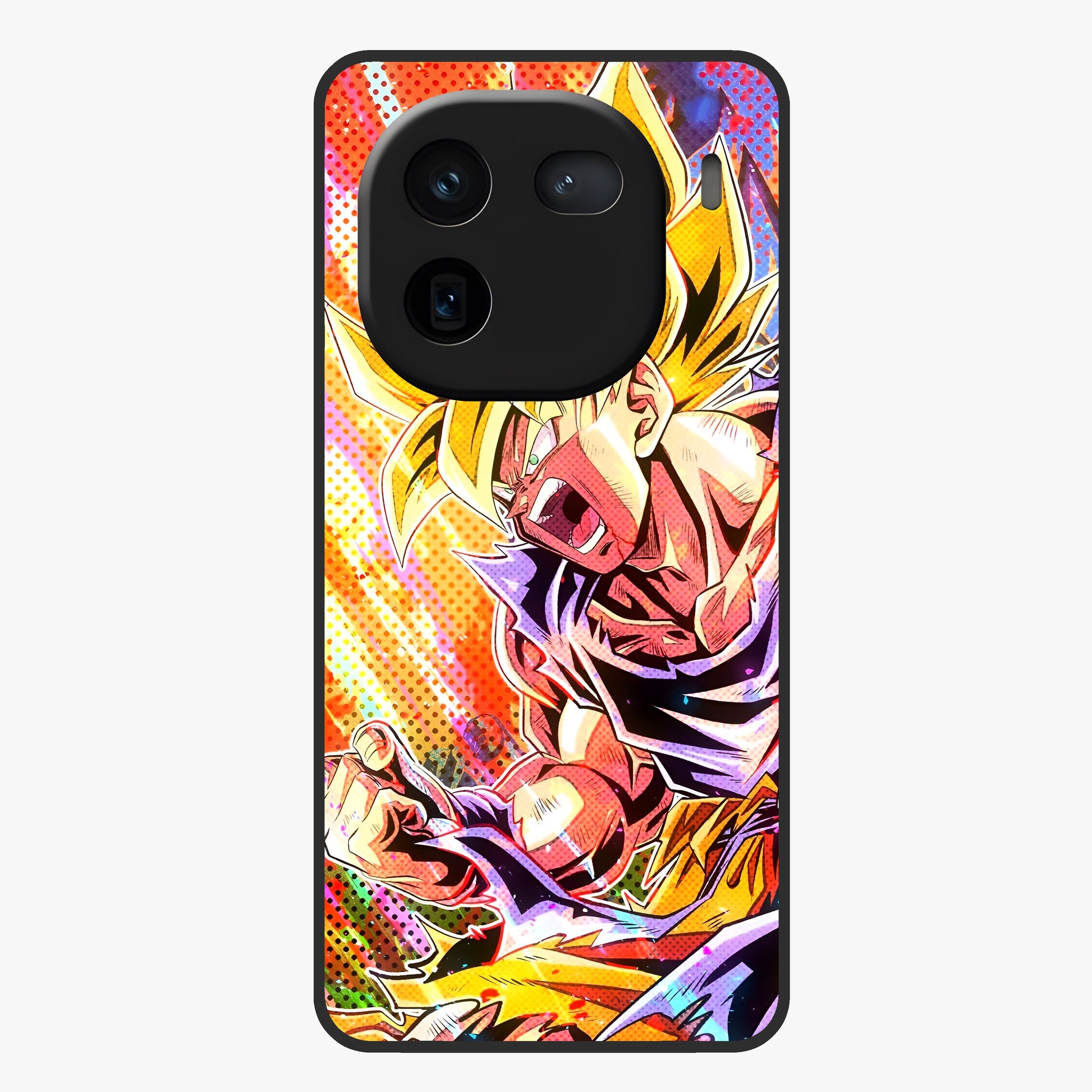 Firing Goku Glass Case showing flat back view with powerful anime inspired artwork and glossy glass finish.