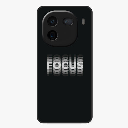Focus Mode On Glass Case showing flat back view with bold motivational typography design and glossy glass finish.