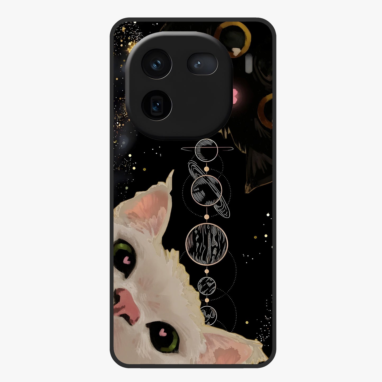 Galactic Cat Glass Case showing flat back view with cosmic cat artwork and glossy glass finish.