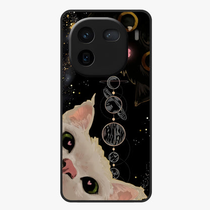 Galactic Cat Glass Case showing flat back view with cosmic cat artwork and glossy glass finish.