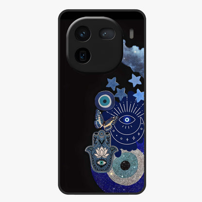 Galactic Charm Cluster Glass Case showing flat back view with glowing celestial charm artwork and glossy glass finish.