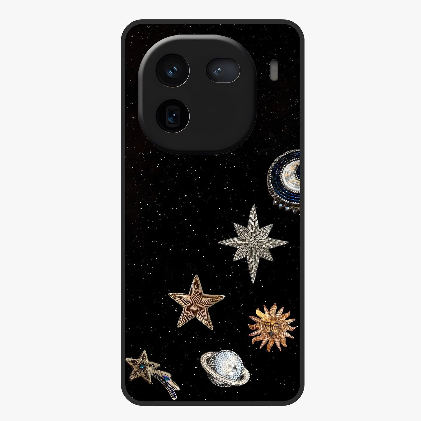 Galactic Charm Glow Glass Case showing flat back view with glowing celestial charm artwork and glossy glass finish.