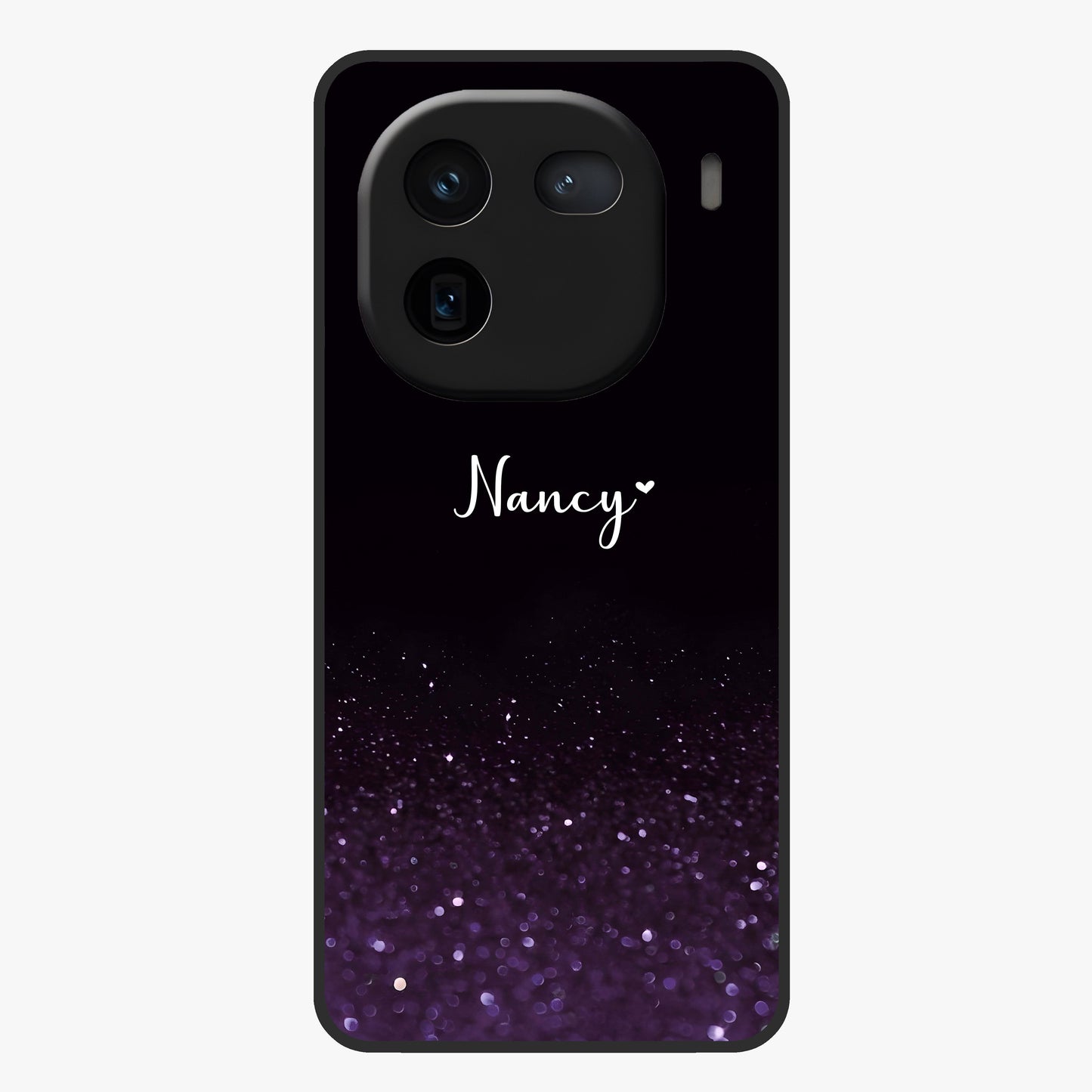 Glittery Purple Bokeh Custom Name Glass Case showing flat back view with purple bokeh sparkle artwork and personalized name design.
