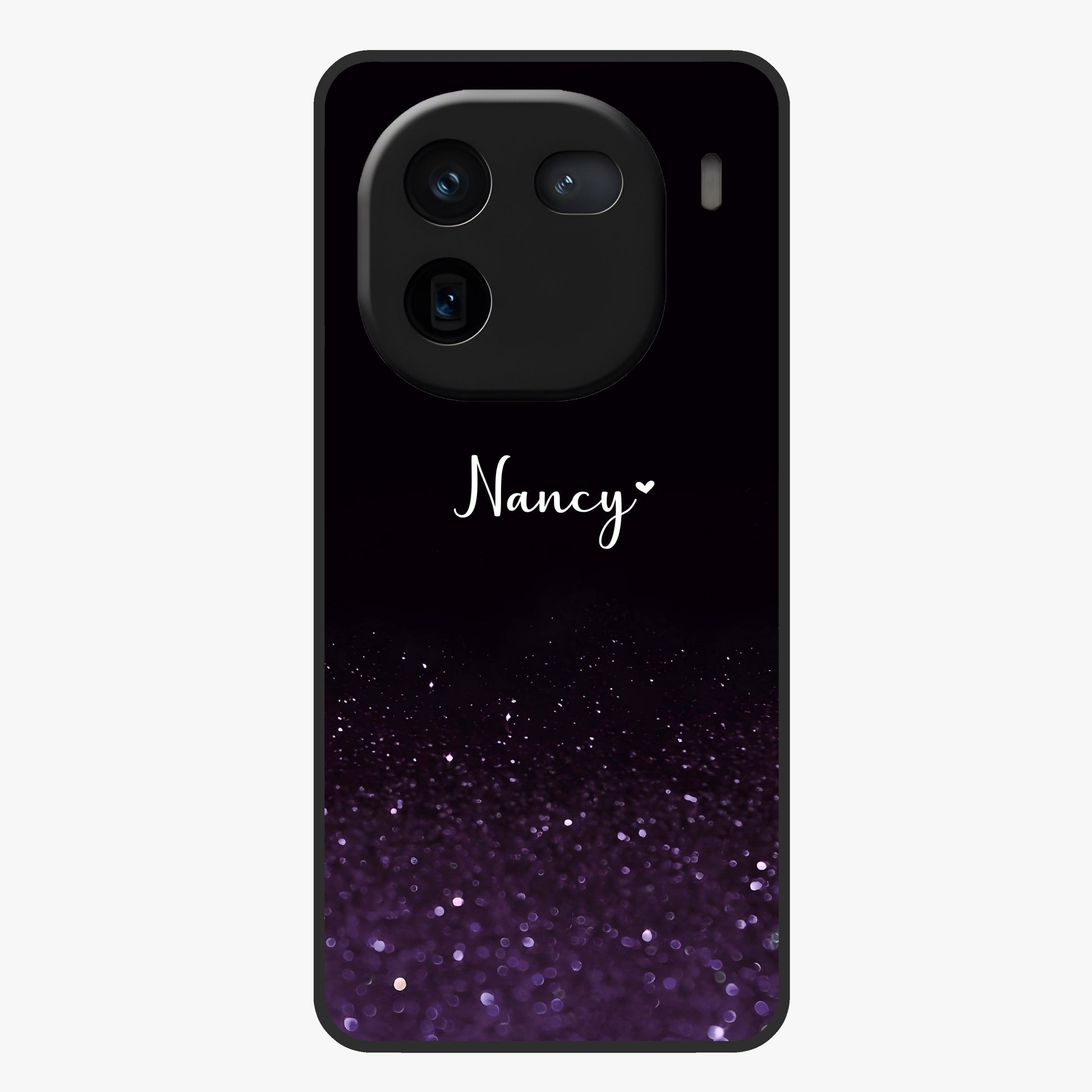 Glittery Purple Bokeh Custom Name Glass Case showing flat back view with purple bokeh sparkle artwork and personalized name design.