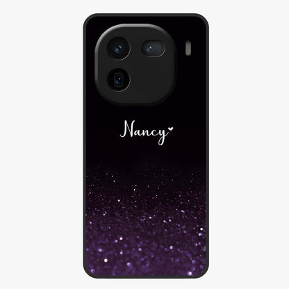 Glittery Purple Bokeh Custom Name Glass Case showing flat back view with purple bokeh sparkle artwork and personalized name design.