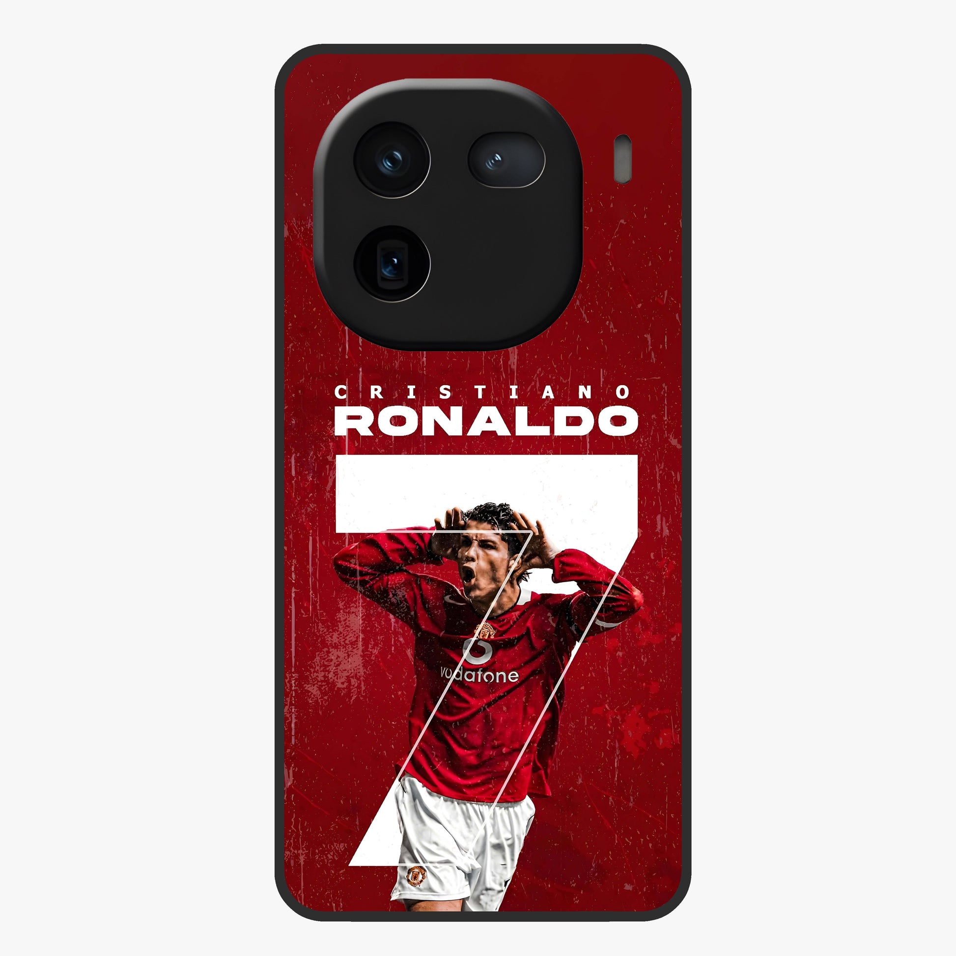 Goal Celebration Legacy Glass Case showing flat back view with football celebration inspired artwork and glossy glass finish.