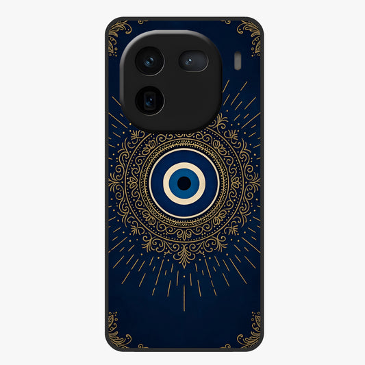 Golden Evil Eye Mandala Glass Case showing flat back view with intricate evil eye mandala artwork and glossy glass finish.