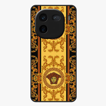 Golden Royal Heritage Glass Case showing flat back view with ornate royal pattern artwork and glossy glass finish.