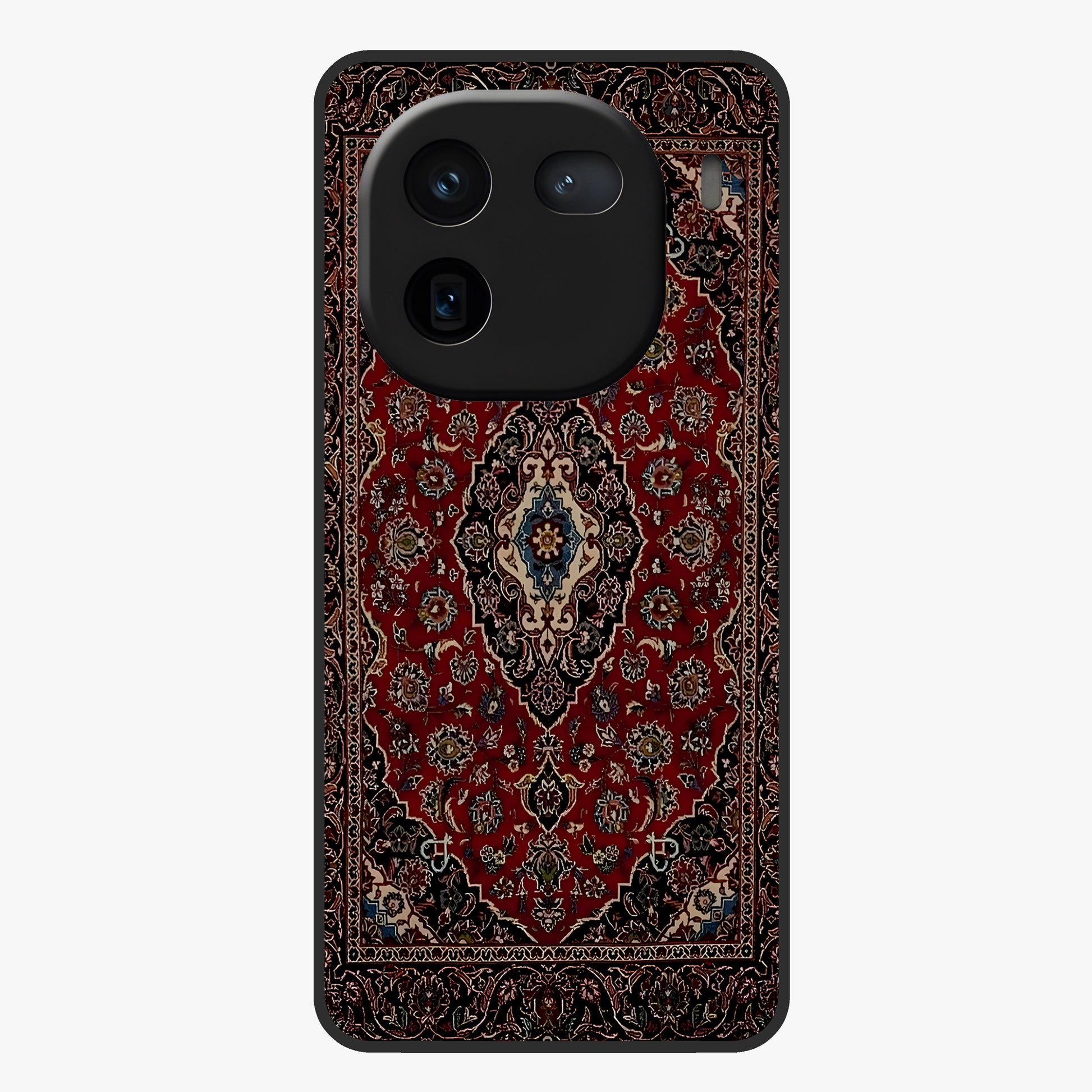 Heritage Carpet Royale Glass Case showing flat back view with ornate Persian carpet inspired pattern and glossy glass finish.