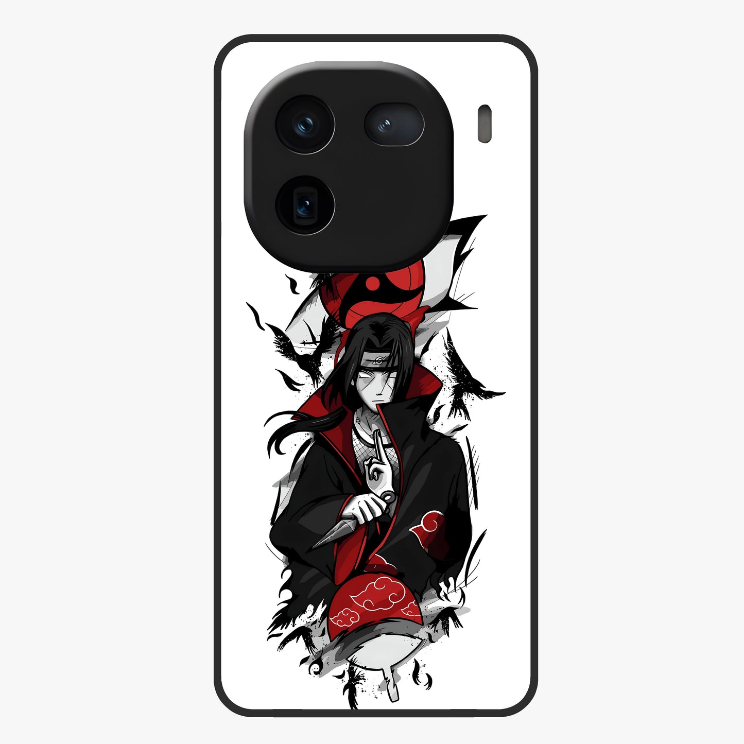 Itachi Sharingan Glass Case showing flat back view with powerful anime eye artwork and glossy glass finish.
