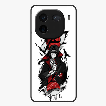 Itachi Sharingan Glass Case showing flat back view with powerful anime eye artwork and glossy glass finish.