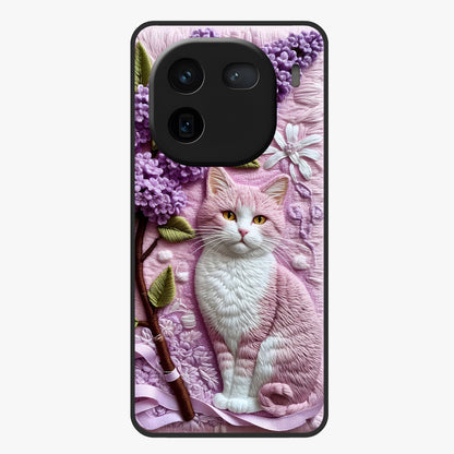 Lavender Cat Whimsy Glass Case showing flat back view with cute lavender cat artwork and glossy glass finish.