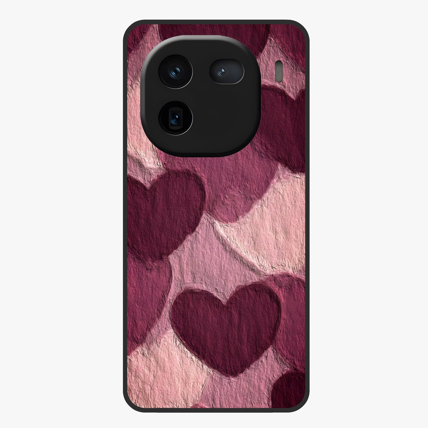 Layered Paper Hearts Glass Case showing flat back view with layered paper heart artwork and glossy glass finish.