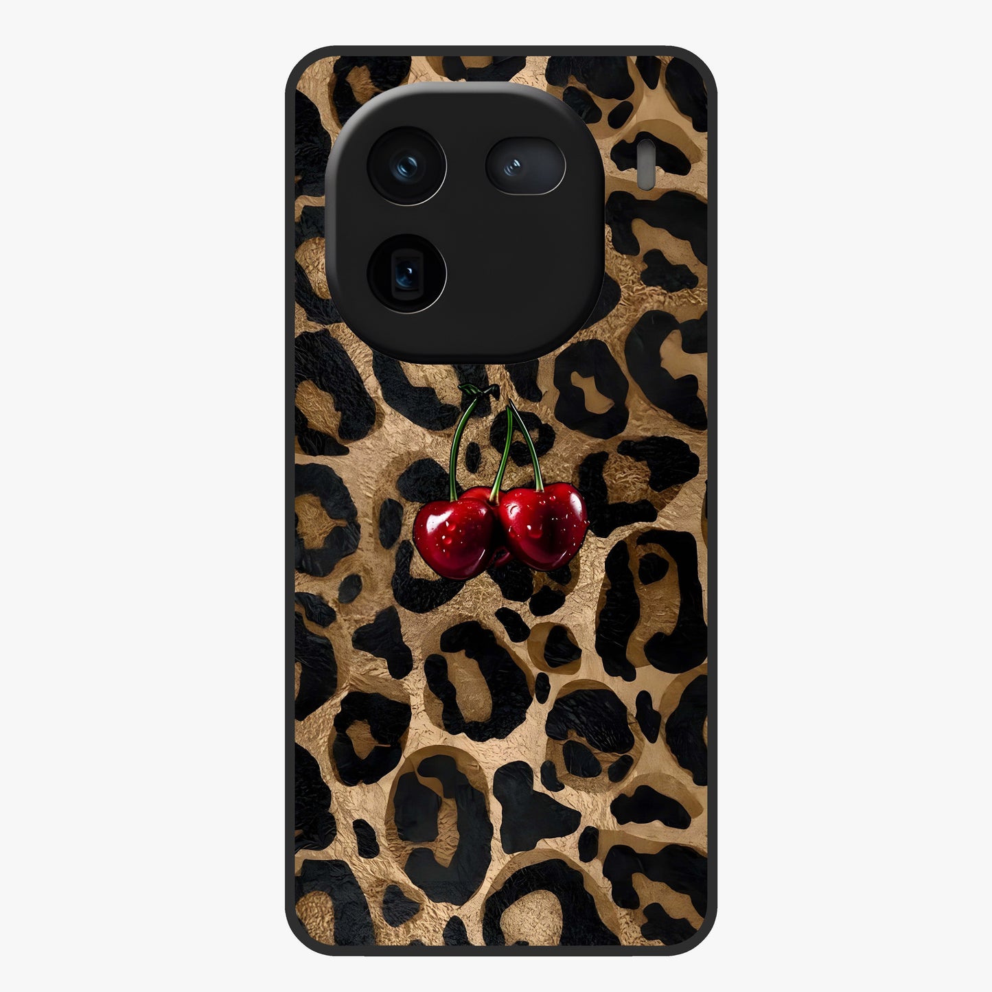 Leopard Wild Cherry Glass Case showing flat back view with leopard pattern and cherry artwork and glossy glass finish.