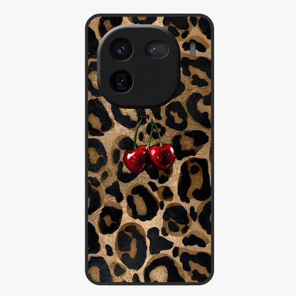 Leopard Wild Cherry Glass Case showing flat back view with leopard pattern and cherry artwork and glossy glass finish.