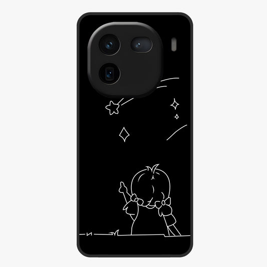 Line Art Girl With Shooting Stars Glass Case showing flat back view with minimal line art girl and shooting stars illustration and glossy glass finish.