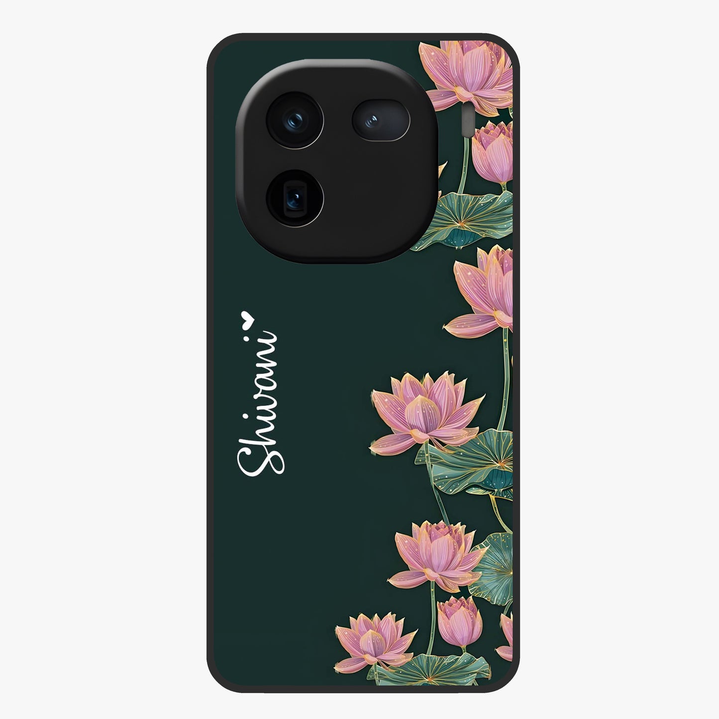 Lotus Bloom Serenity Custom Name Glass Case showing flat back view with elegant lotus flower artwork and personalized name design.