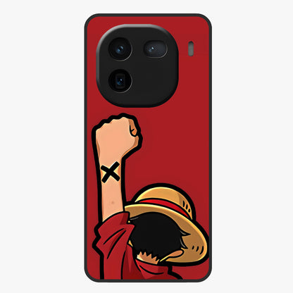 Luffy X Spirit Glass Case showing flat back view with bold anime character artwork and glossy glass finish.